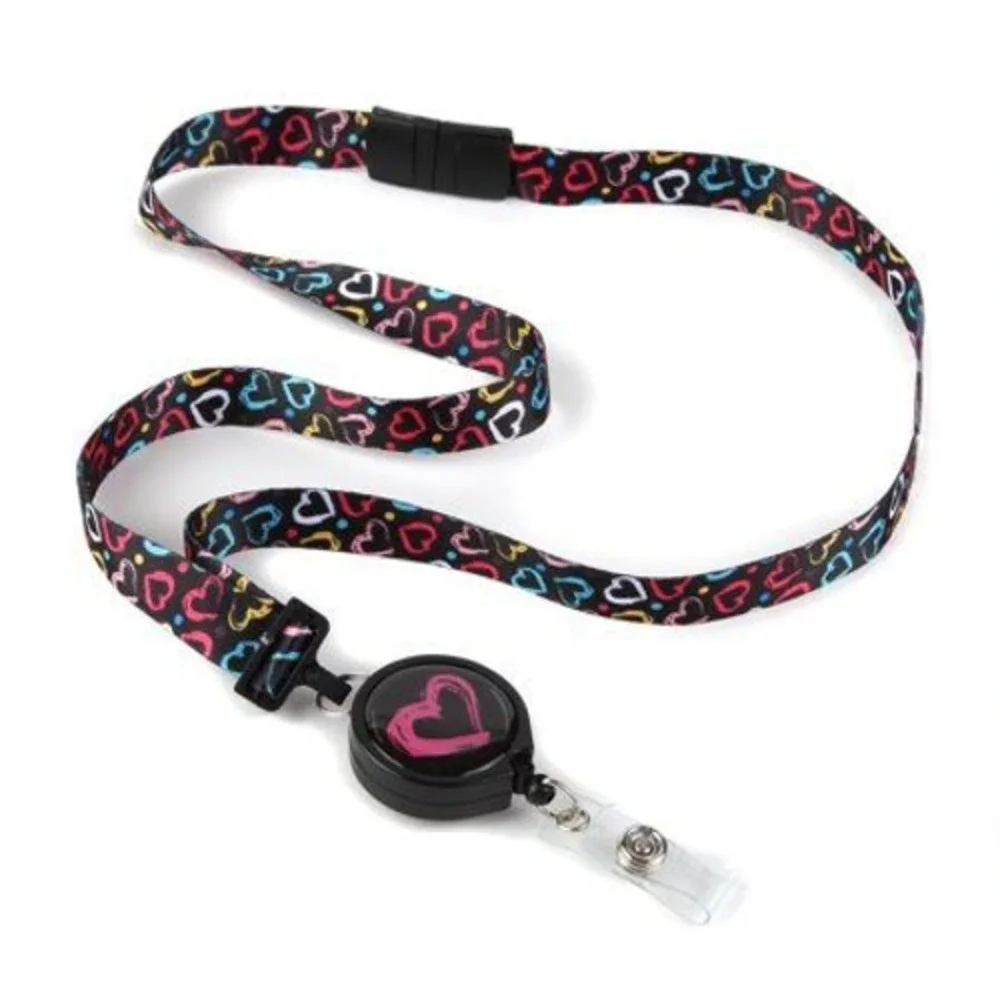 PR Essentials Lanyard Women S Black New Sketchy Hearts Ribbon Badge Reel